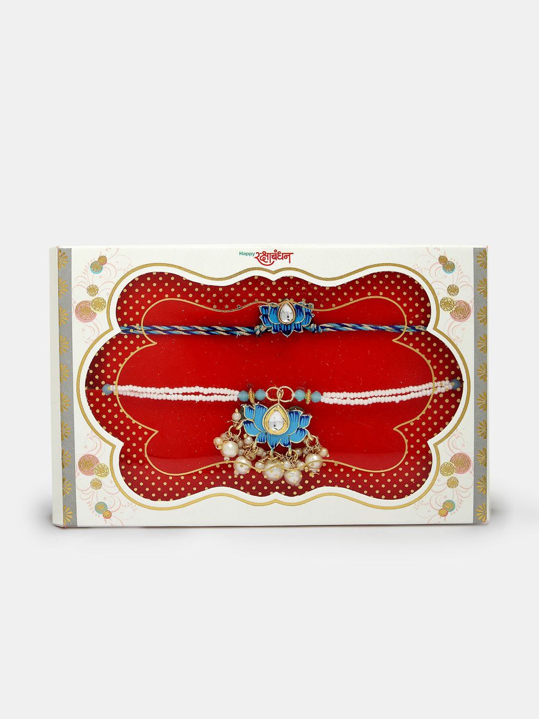Dhiyona Unisex Set Of 2 Blue Lotus Shape Kundan-Studded & Beaded Wraparound Rakhi Set