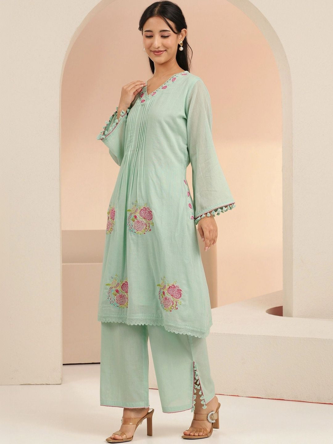 Mint Green Peacock Motif Cotton A-Line Kurta Set