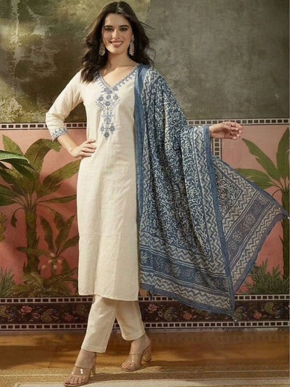 Embroidered Pure Cotton V-Neck Kurta & Trousers With Dupatta