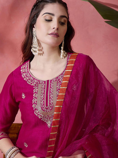 Pink Floral Embroidered Round Neck Straight Kurta With Trousers And Dupatta