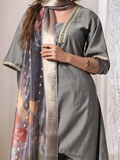 V-Neck A-Line Kurta With Dhoti Pants & Dupatta