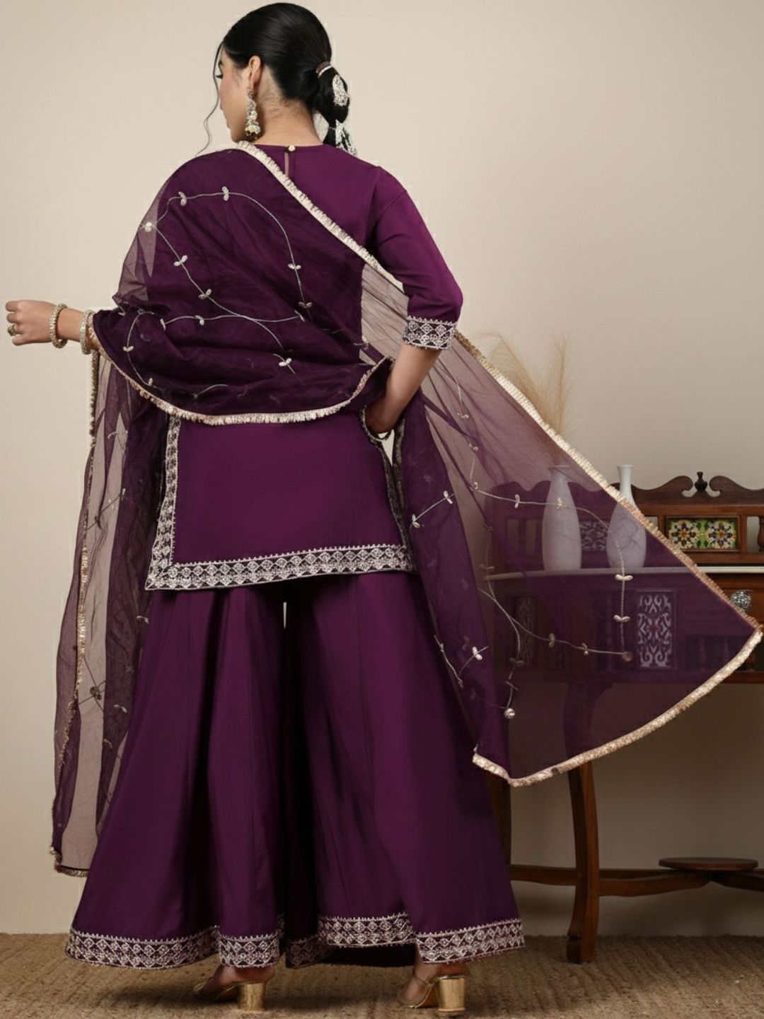 Dhiyona HOP Embroidered Round Neck Straight Kurti & Sharara With Dupatta