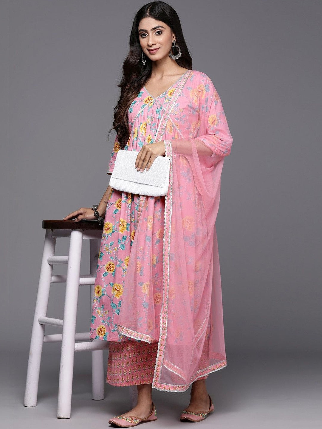 Women Floral Printed Tiered Kurta with Palazzos & With Dupatta