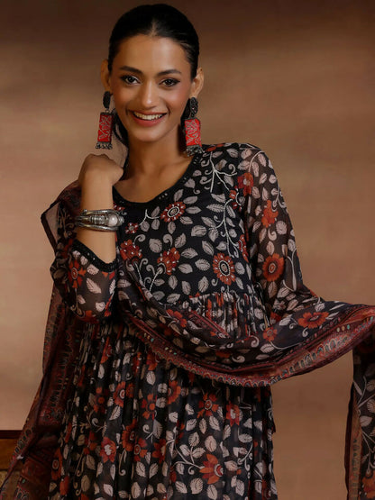 Women's LB Black Printed Poly Chiffon A-Line Kurta With Palazzos & Dupatta