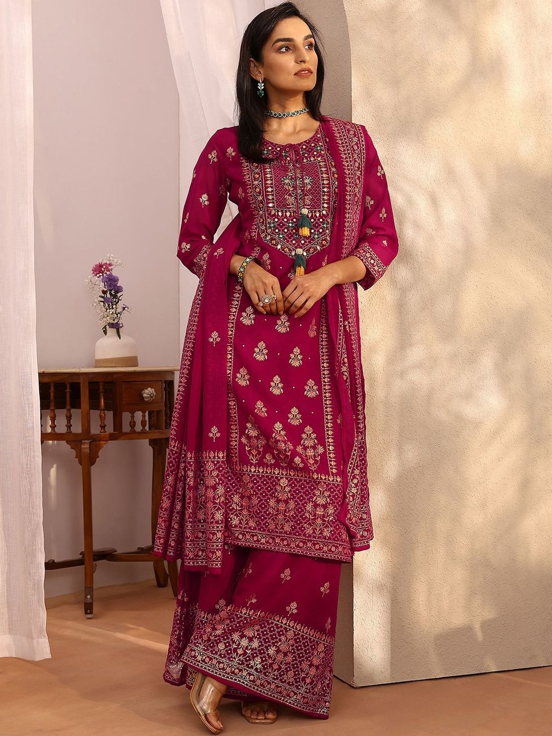 Dhiyona LL Women Ethnic Motifs Embroidered Regular Mirror Work Kurta with Palazzos & With Dupatta