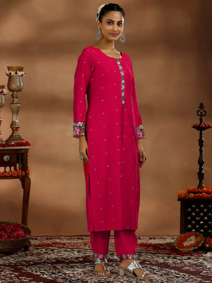 Women's LB Red Embroidered Silk Blend Straight Suit With Dupatta