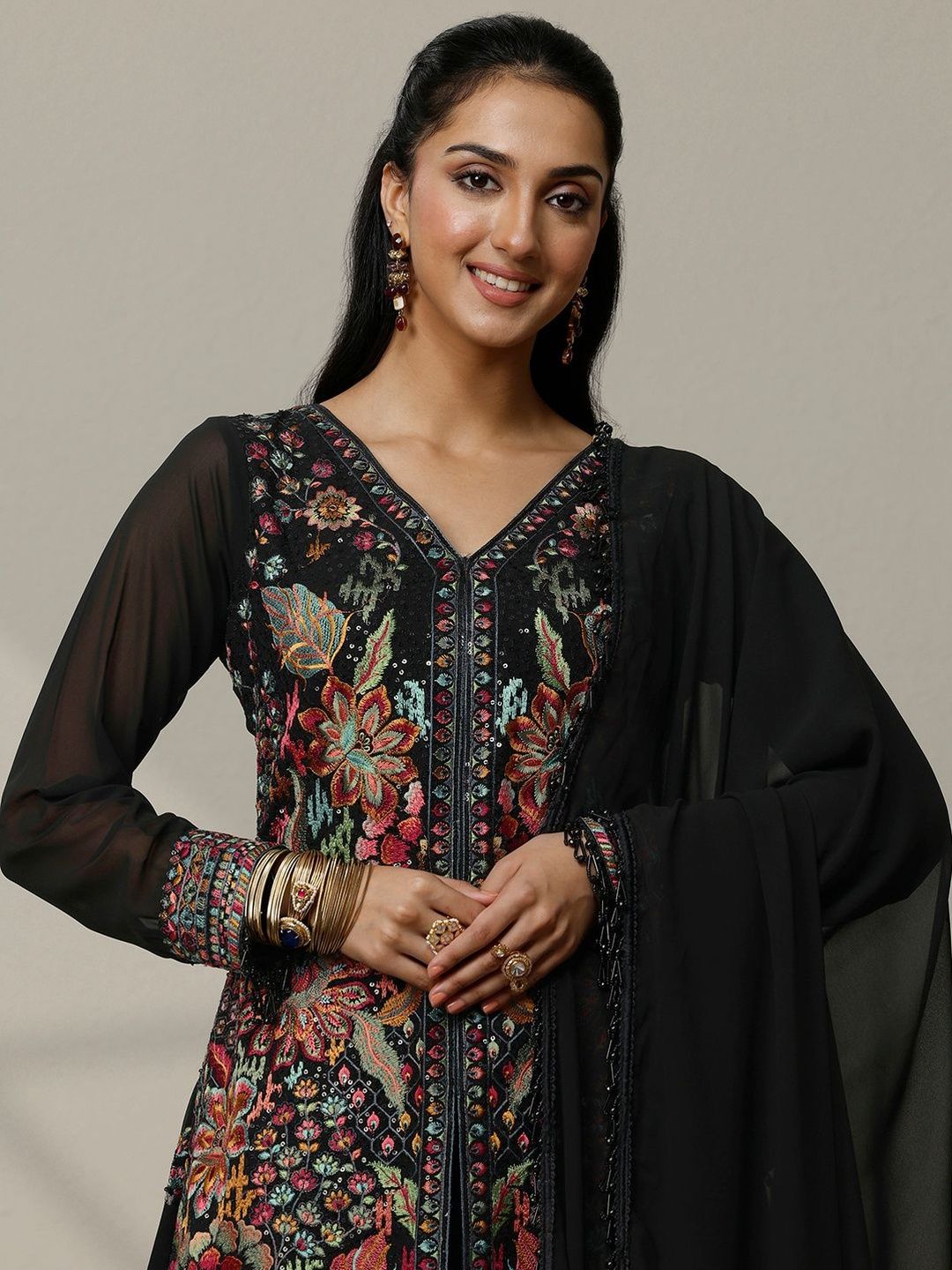 Dhiyona LL Women Floral Embroidered Panelled Thread Work Kurti with Palazzos & With Dupatta