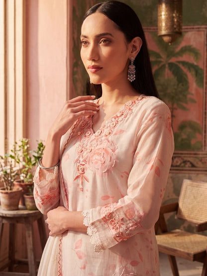 Women Floral Printed Regular Thread Work Kurta with Trousers & With Dupatta