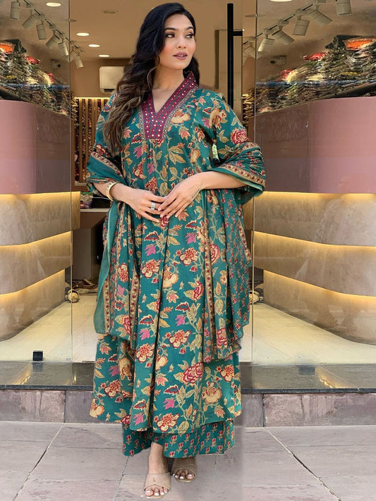 Dhiyona KL Floral Printed V-Neck A-Line Kurta With Palazzos & Dupatta