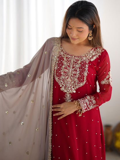 Dhiyona KL Women Ethnic Motifs Embroidered Regular Sequinned Kurta with Sharara & With Dupatta