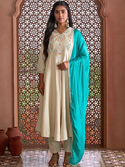 Dhiyona KL Women Ethnic Motifs Embroidered Regular Thread Work Kurta with Trousers & With Dupatta