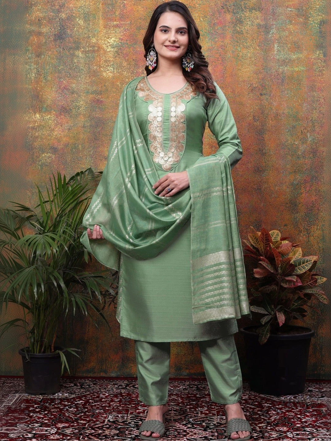 Dhiyona SN Women Ethnic Motifs Embroidered Regular Kurta with Trousers & With Dupatta