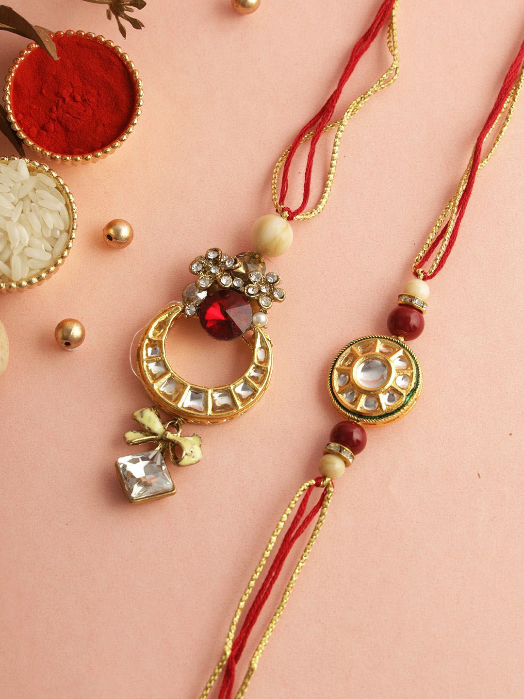 Dhiyona Red Stone Studded & Beaded Bhaiya Bhabhi Thread Rakhis With Roli Chawal