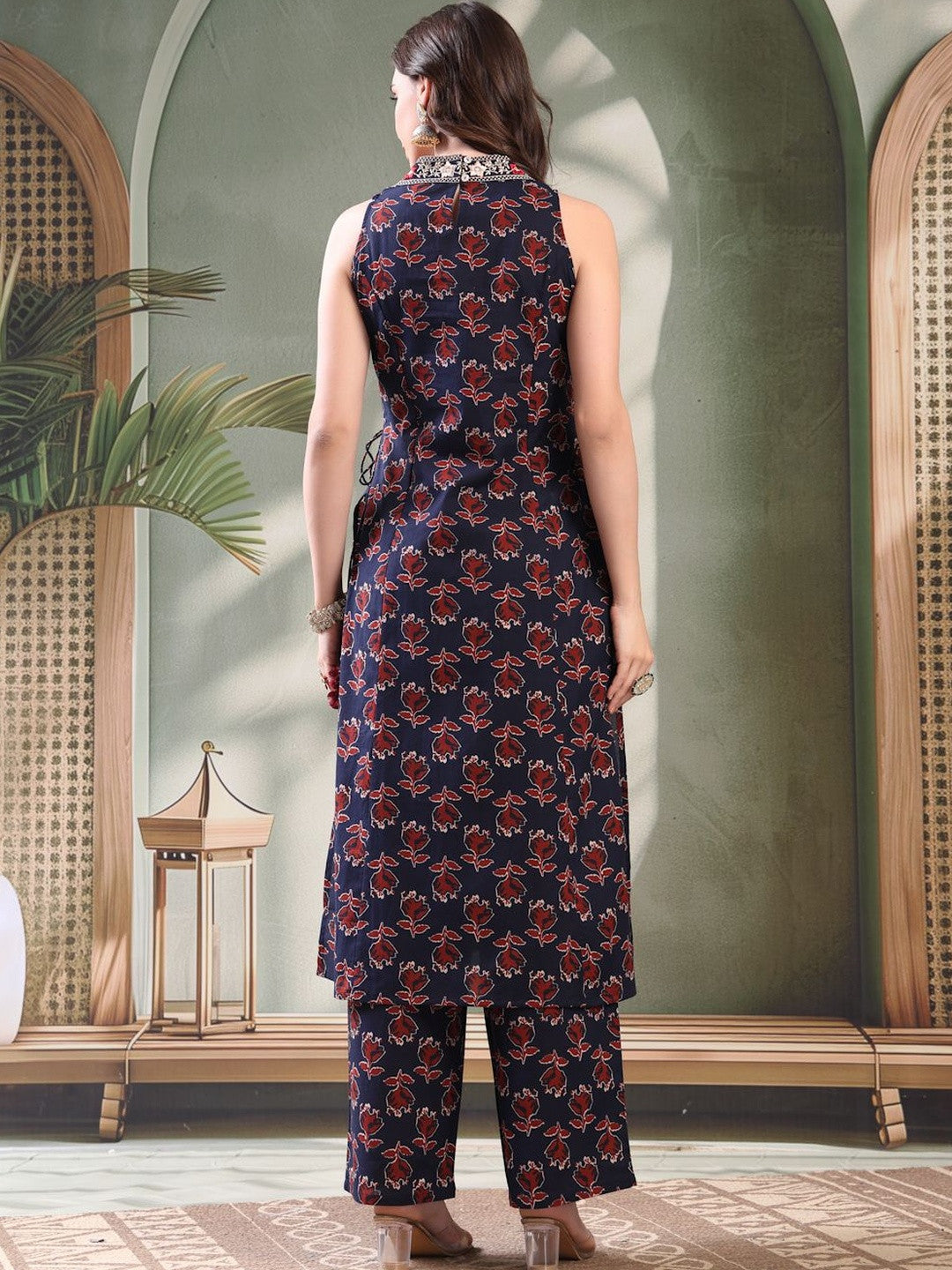 Embroidered Pure Cotton Round Neck Kurta & Palazzos Kurta Set