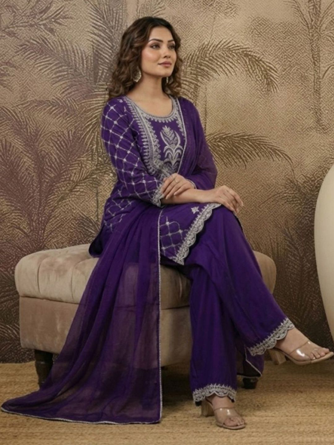 Dhiyona SN Embroidered Round Neck Straight Kurta & Palazzos With Dupatta
