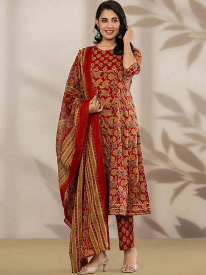 Women Floral Printed Regular Pure Cotton Kurta with Trousers & With Dupatta