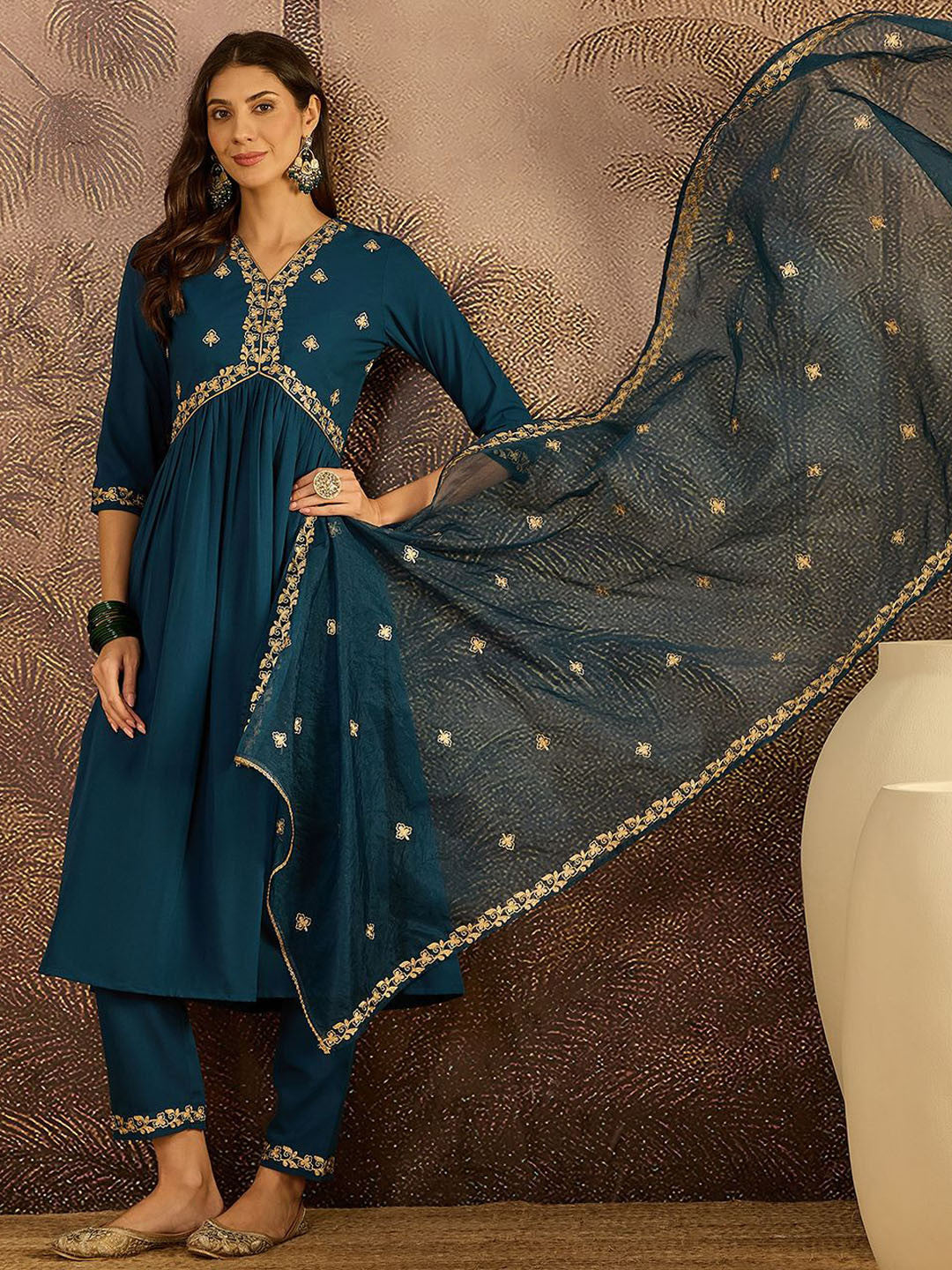 Floral Embroidered Sequinned Thread Work Kurta With Trousers & Dupatta