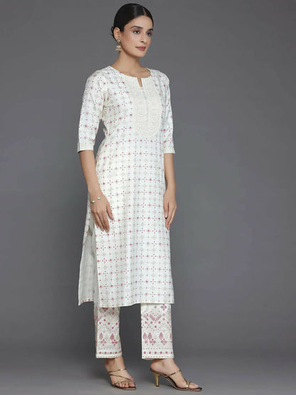 Women's LB Off White Printed Silk Blend Straight Suit With Dupatta