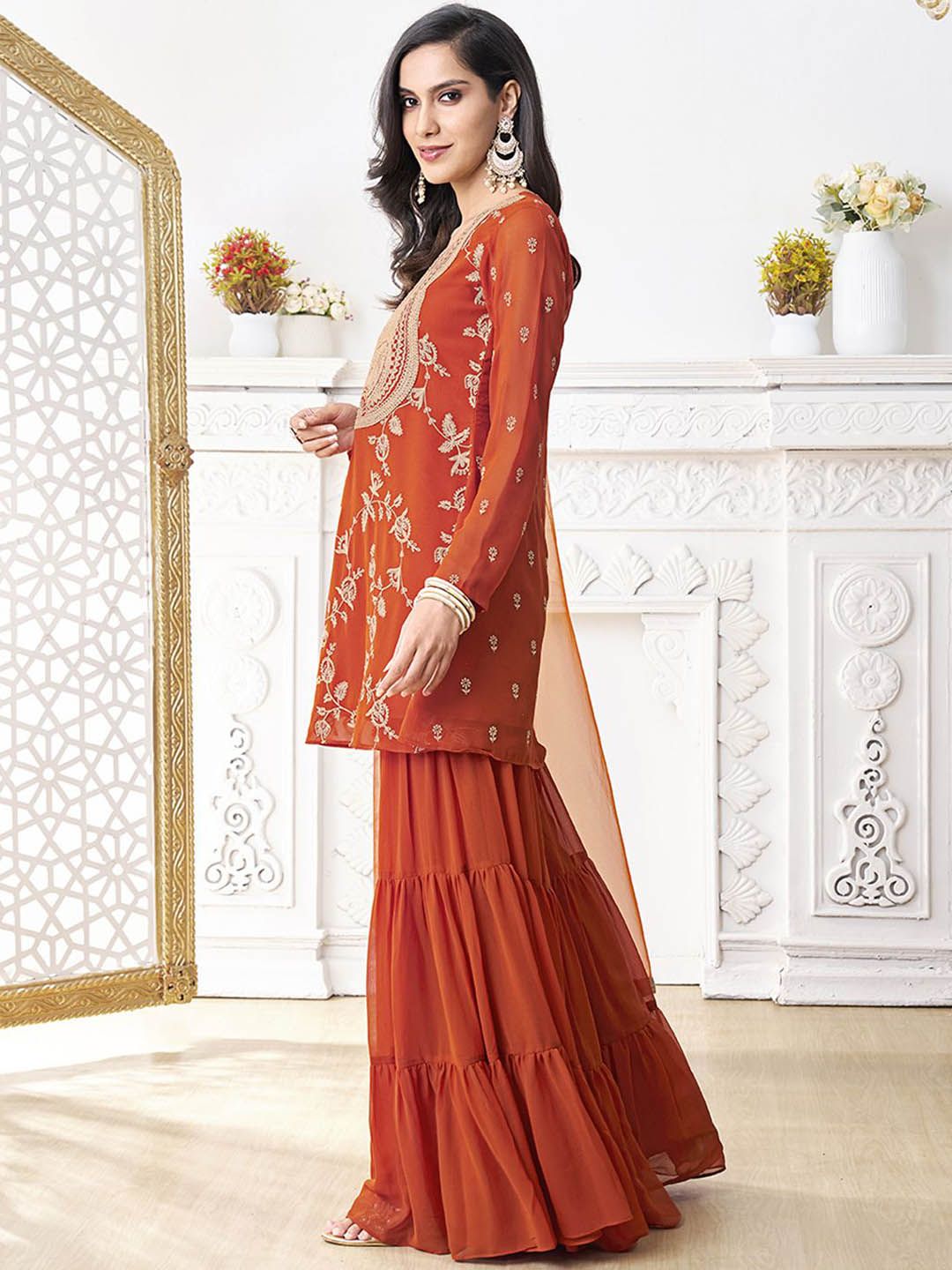 Dhiyona IN Floral Embroidered Thread Work Georgette A-Line Kurta With Sharara & Dupatta