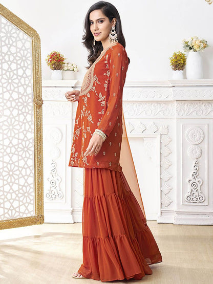 Dhiyona IN Floral Embroidered Thread Work Georgette A-Line Kurta With Sharara & Dupatta