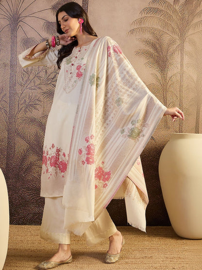Yoke Design Round Neck Straight Kurta With Trousers & Dupatta