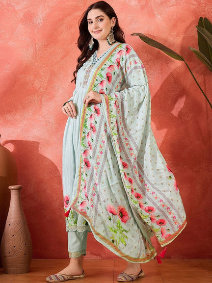 Dhiyona CH Floral Printed Tiered V-Neck Thread Work Kurta With Trousers & Dupatta