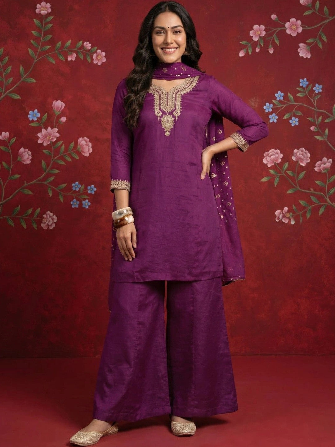Women Ethnic Motifs Embroidered Regular Thread Work Kurta with Palazzos & With Dupatta