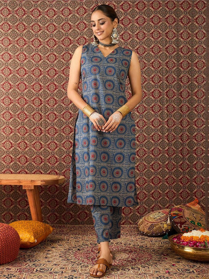 Dhiyona IE Printed Pure Cotton V-Neck Tunic With Trouser