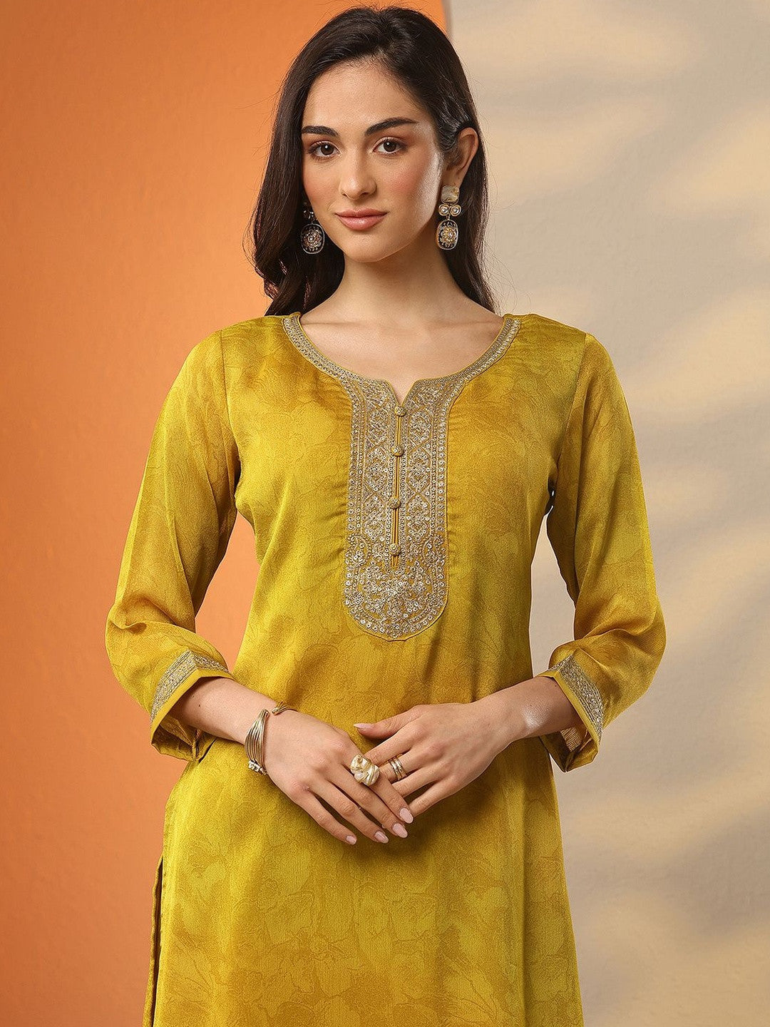 Yoke Design Notch Neck Zari Work Straight Kurta With Trousers & Dupatta