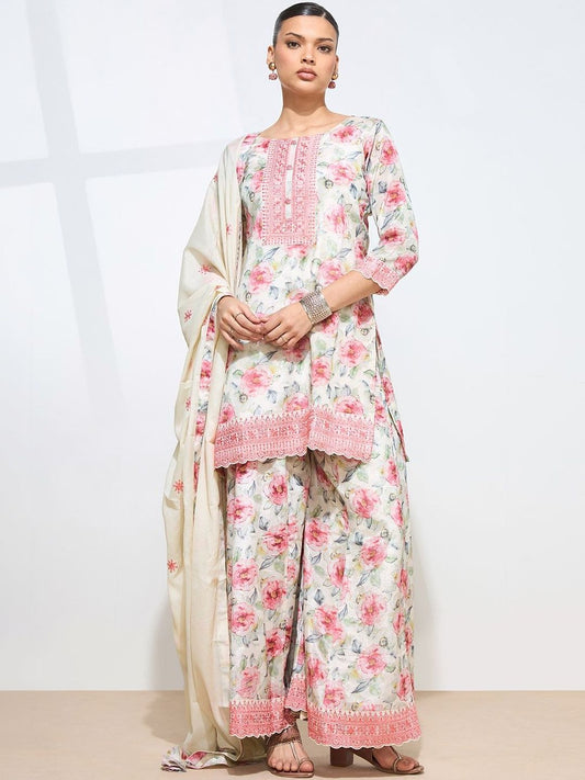 Dhiyona KL Women Floral Printed Regular Thread Work Kurta with Palazzos & With Dupatta