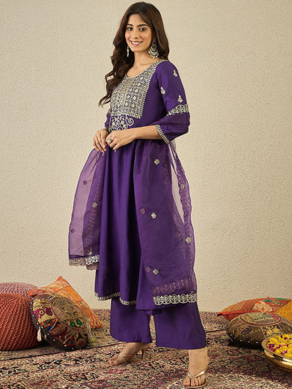 Dhiyona IN Women Floral Yoke Design Panelled Kurta with Palazzos & Dupatta