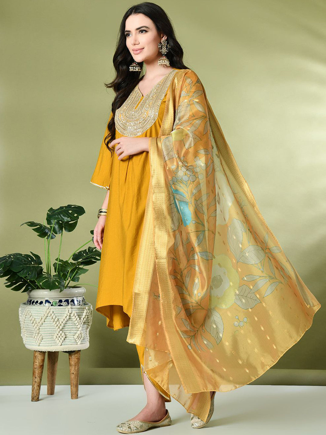 Ethnic Motifs Yoke Design Sequinned A-Line Kurta With Dhoti Pant & Dupatta