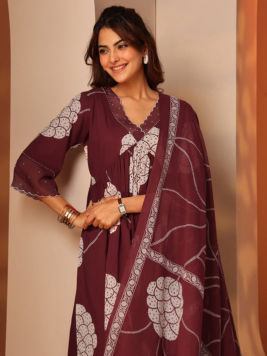 Floral Printed V-Neck Flared A-Line Kurta with Palazzos & With Dupatta
