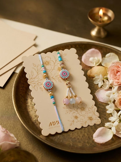 Dhiyona Set Of 2 Floral Design Bhaiya Bhabhi Rakhi With Roli Chawal Chandan Mishri