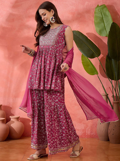 Pink Floral Embroidered Sleeveless Anarkali Kurti With Sharara And Dupatta