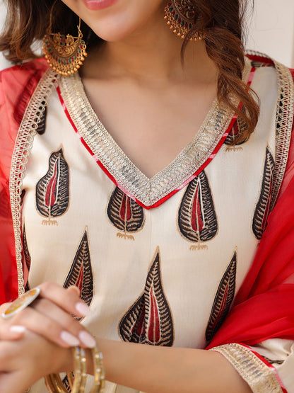 Dhiyona RR Women's Ethnic Motifs Printed Regular Beads and Stones Kurta with Trousers & With Dupatta