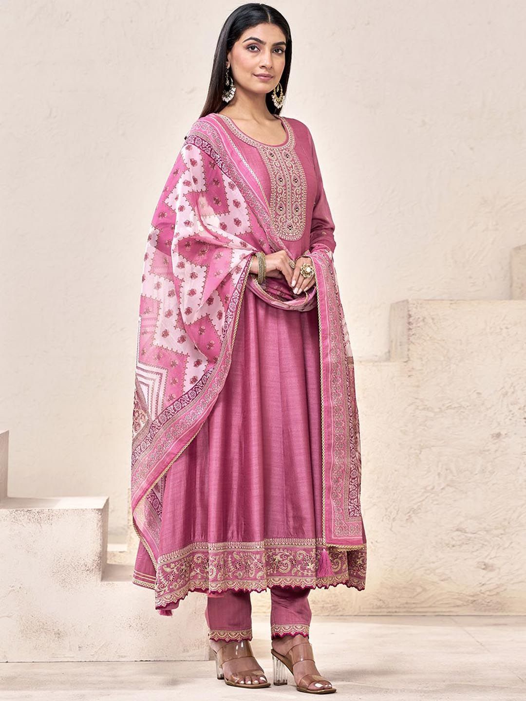 Dhiyona CH Embroidered U-Neck Anarkali Mirror Work Kurta With Trousers & Dupatta