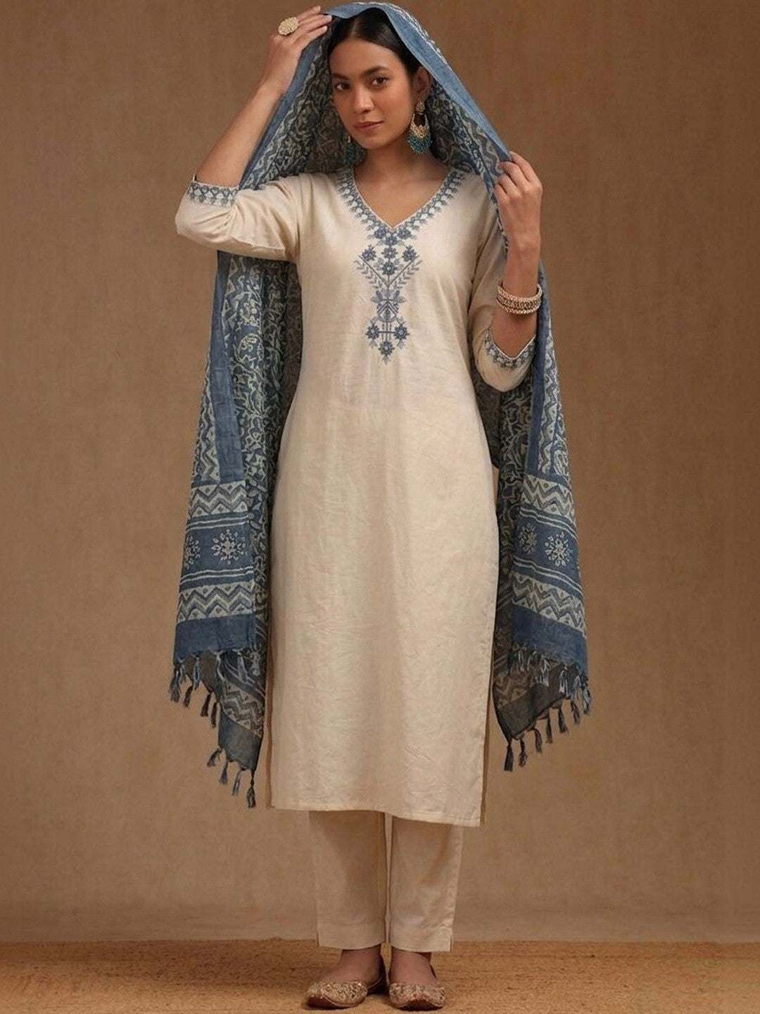 Embroidered Khadi Cotton Round Neck Kurta & Trousers With Dupatta
