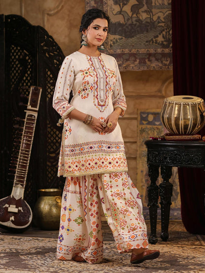 Dhiyona SC Geometric Printed Mirror Work Chanderi Silk Kurti with Sharara & Dupatta