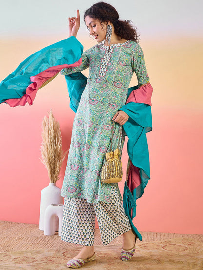 Floral Printed Notch Neck Pure cotton Kurta With Palazzos And Dupatta