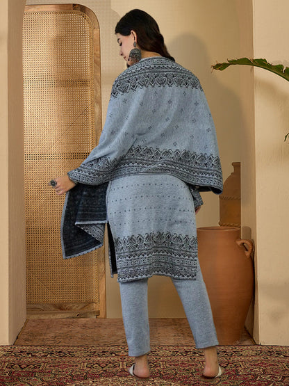 Woven Design Pure Wool Mandarin Collar Kurta & Trousers With Dupatta