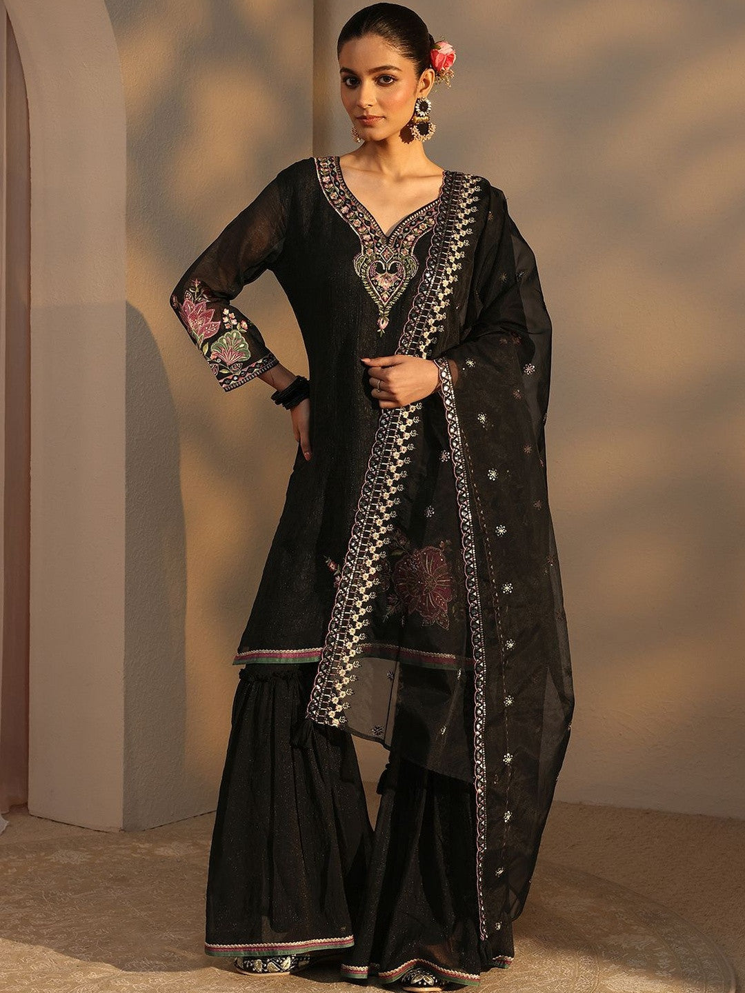 Women Embroidered Regular Silk Chiffon Kurta with Sharara & With Dupatta