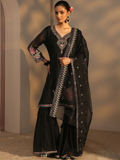 Women Embroidered Regular Silk Chiffon Kurta with Sharara & With Dupatta