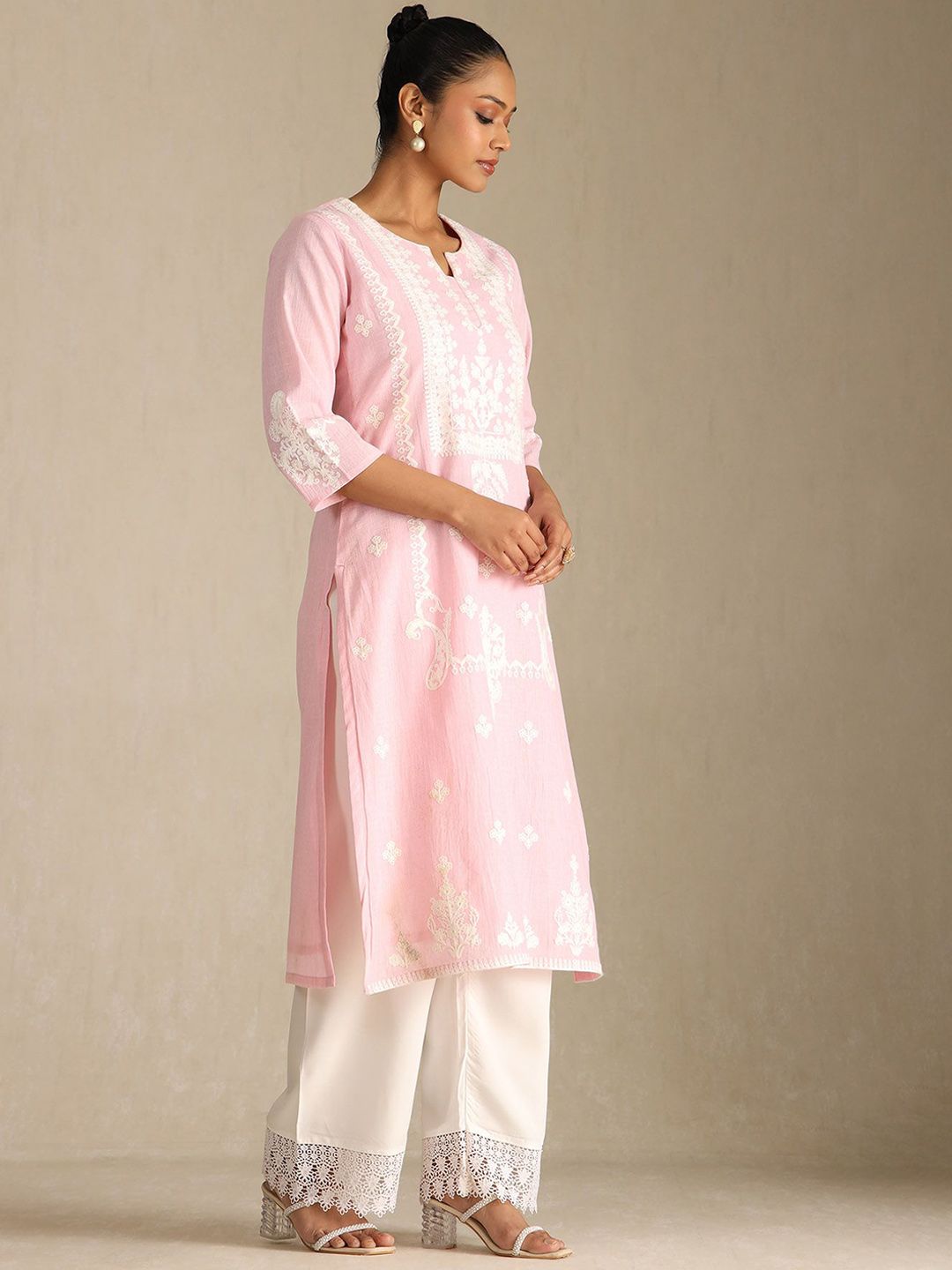 Dhiyona SO Women's Floral Embroidered Notch Neck Thread Work Pure Cotton Straight Kurta With Palazzos