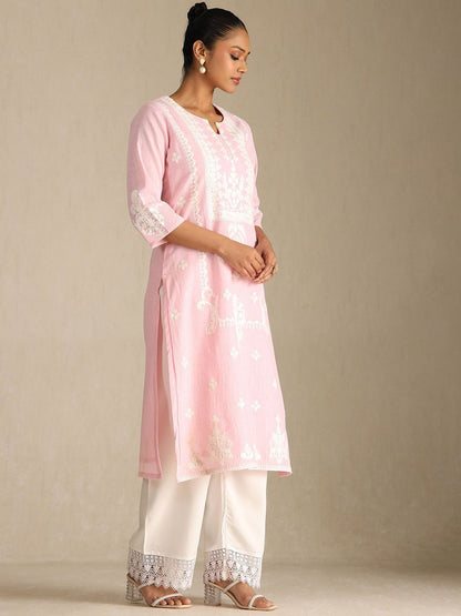 Dhiyona SO Women's Floral Embroidered Notch Neck Thread Work Pure Cotton Straight Kurta With Palazzos
