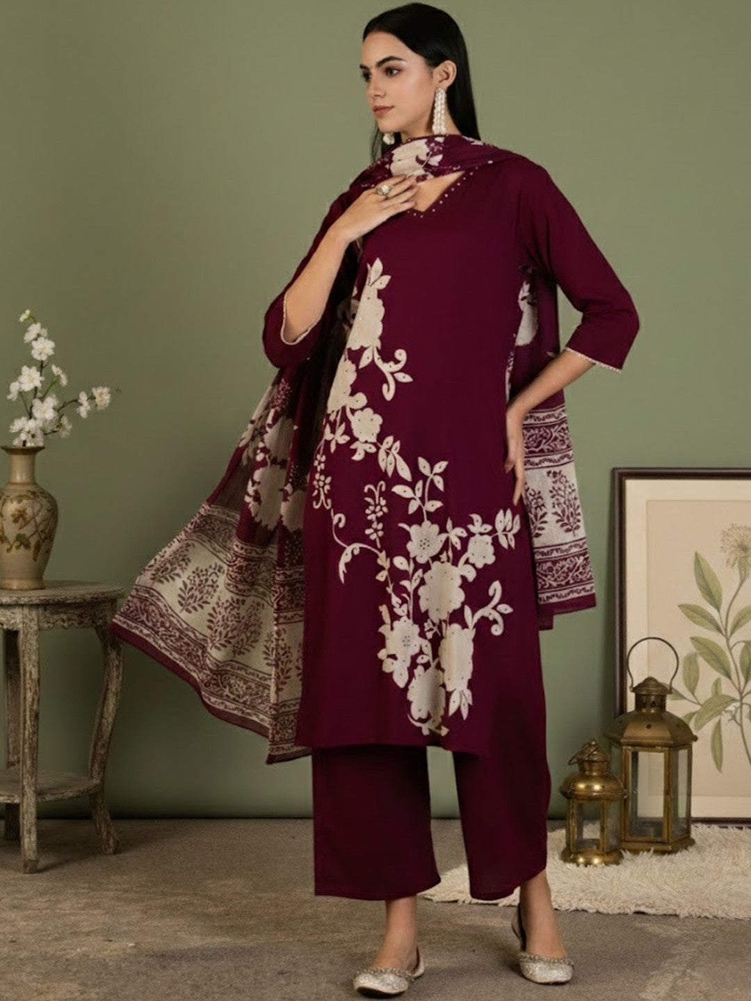 Floral Printed Pure Cotton V-Neck Straight Kurta & Trousers With Dupatta
