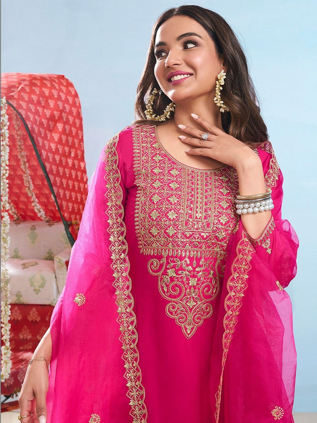 Dhiyona IN Women Ethnic Motifs Embroidered Regular Thread Work Kurta with Palazzos & With Dupatta