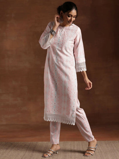 Women's LB Peach Embroidered Cotton Blend Straight Suit With Dupatta