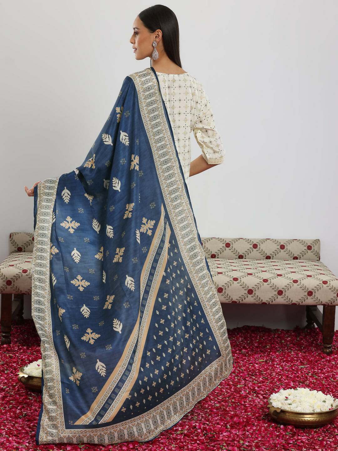 Women's LB Off White Printed Silk Blend Straight Suit With Dupatta