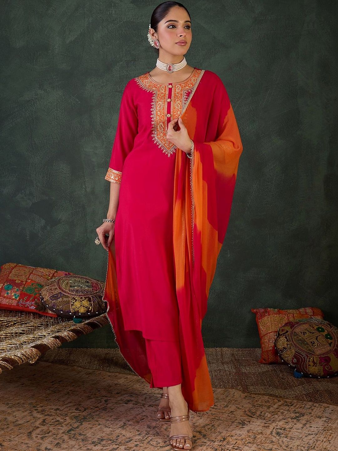 Women Ethnic Motifs Embroidered Regular Kurta with Trousers & With Dupatta